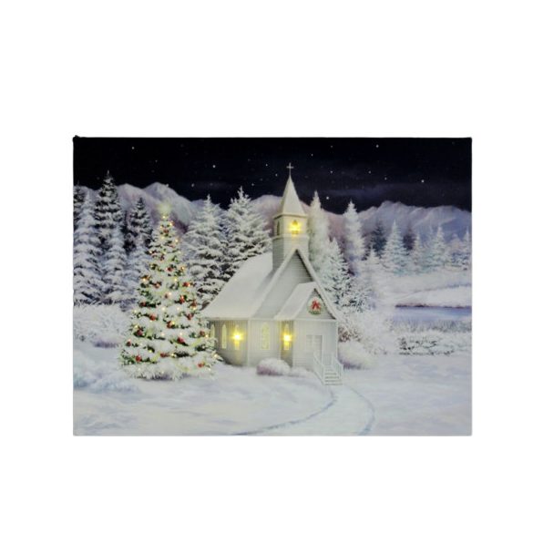 Világító ledes falikép karácsonyi havas templom + karácsonyfa 30 cm X 40 cm