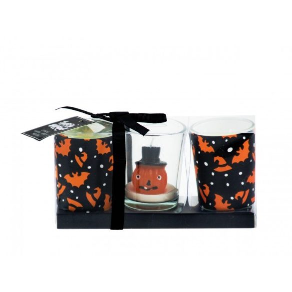 Halloween üveg gyertyatartó szett díszdobozban narancs-fekete 6,5 cm, 3db/csomag