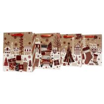   Ajándéktasak szett, karácsonyi piros-metál téli falu, 23x18x10 cm