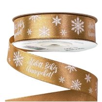   Szatén szalag aranybarna Áldott Békés Ünnepeket! felirattal, 20 mm x 20 m