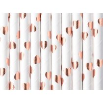   Szívószál fehér-rose gold szívecskés 19,5 cm, 10 db/csomag