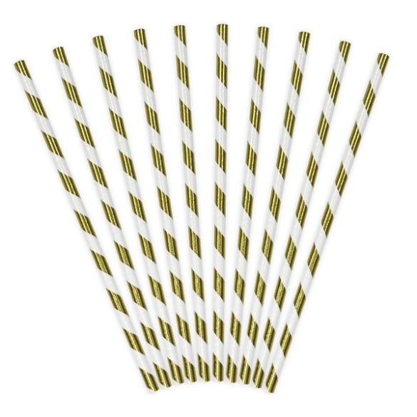 Szívószál fehér-arany csíkos 19,5 cm, 10 db/csomag