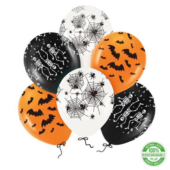 Lufi, narancssárga és fekete, halloween mintákkal 30 cm, 6 db/csomag