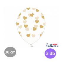Átlátszó lufi arany szívekkel 30 cm, 5 db/csomag