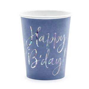 Papír pohár Happy B'day csillámos feliratú kék 2,2 dl,  6 db/csomag
