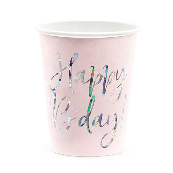 Papír pohár Happy B'day csillámos feliratú púder rózsaszín 2,2 dl,  6 db/csomag