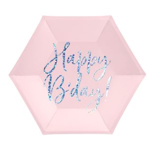 Papír tányér hatszögletű Happy B'day csillámló feliratú púder rózsaszín 20 cm, 6 db/csomag