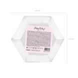 Papír tányér hatszögletű Happy B'day csillámló feliratú púder rózsaszín 20 cm, 6 db/csomag