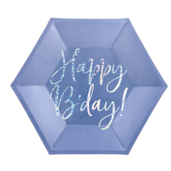 Papír tányér Hatszögletű Happy B'day csillámló feliratú kék 20 cm, 6 db/csomag