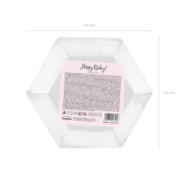 Papír tányér hatszögletű Happy B&#039;day csillámló feliratú púder rózsaszín 20 cm, 6 db/csomag