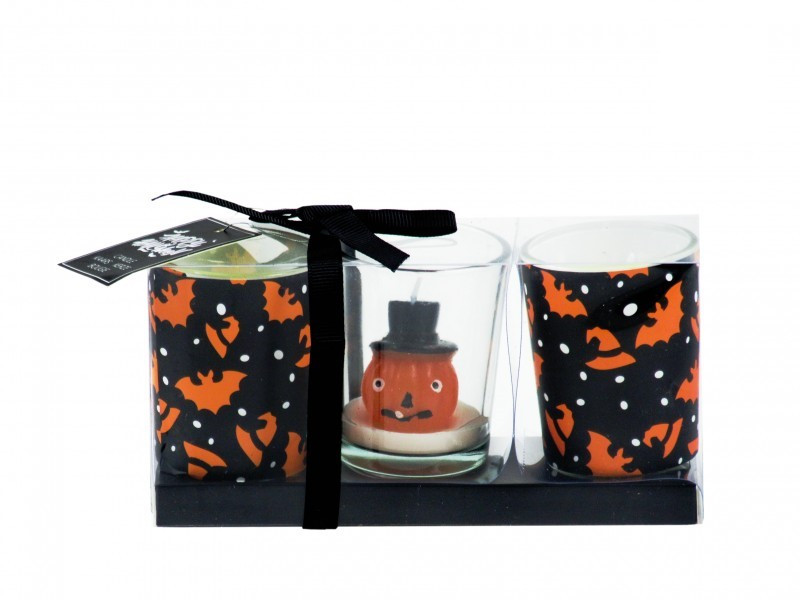 Halloween üveg gyertyatartó szett díszdobozban narancs-fekete 6,5 cm, 3db/csomag