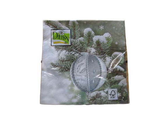 Karácsonyi szalvéta havas fenyő és gömbdísz 33x33 cm, 20 db/cs
