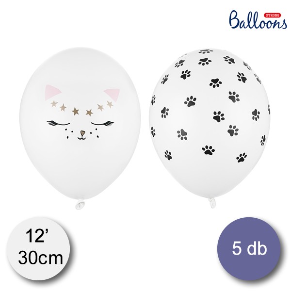 Cica fej és mancs lenyomatos lufi 30 cm, 5 db/csomag