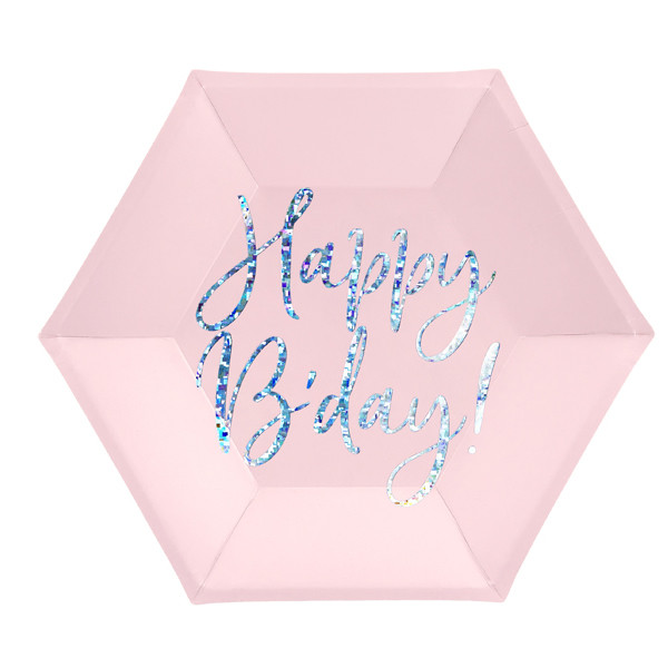 Papír tányér hatszögletű Happy B&#039;day csillámló feliratú púder rózsaszín 20 cm, 6 db/csomag